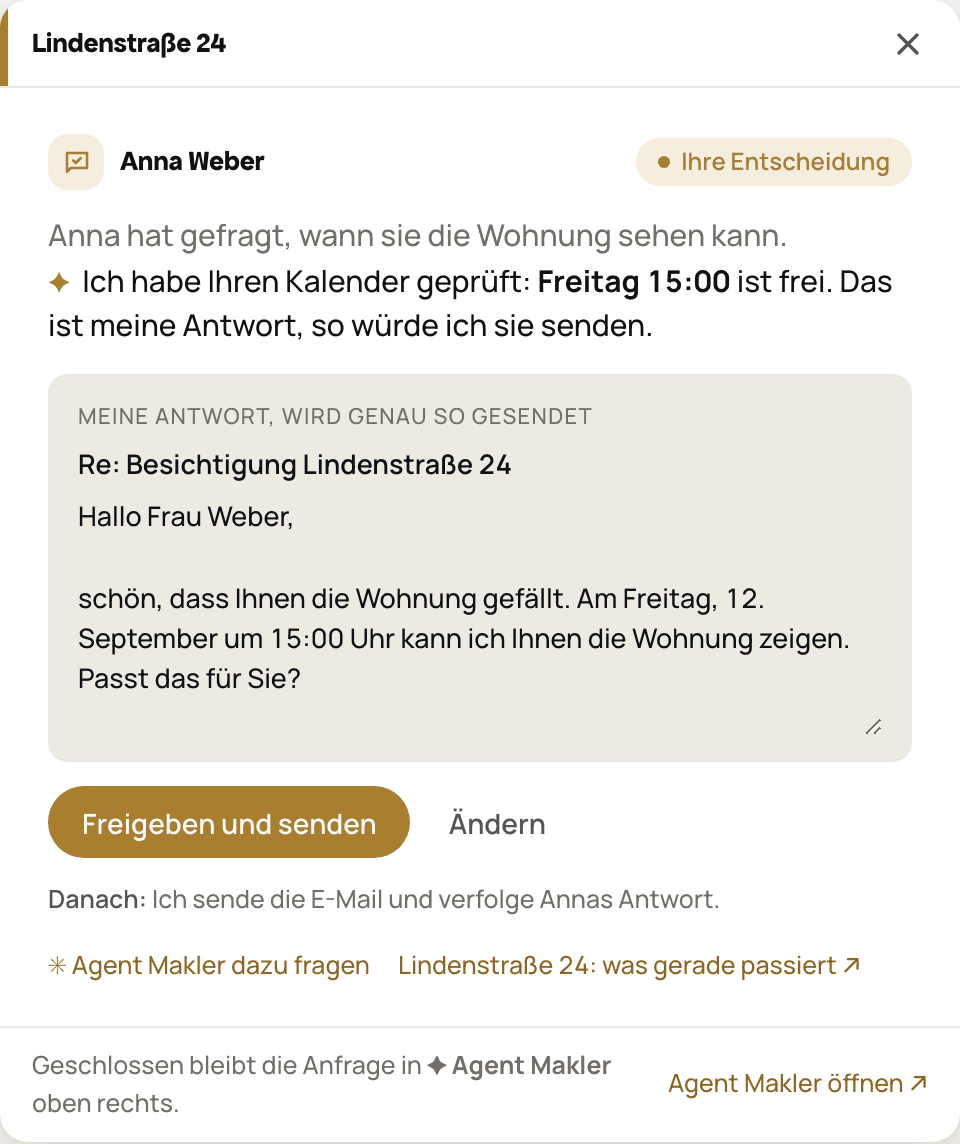 Freigabekarte in Agent Makler: Antwort an Anna Weber zur Besichtigung Lindenstraße 24 mit Button „Freigeben und senden“