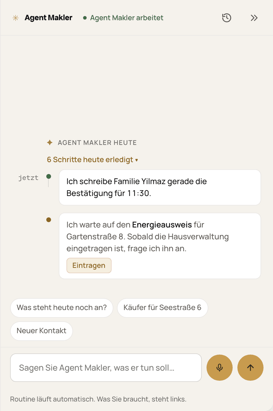 Athena-Panel „Agent Makler heute“ mit erledigten Schritten und einem offenen Punkt zum Energieausweis
