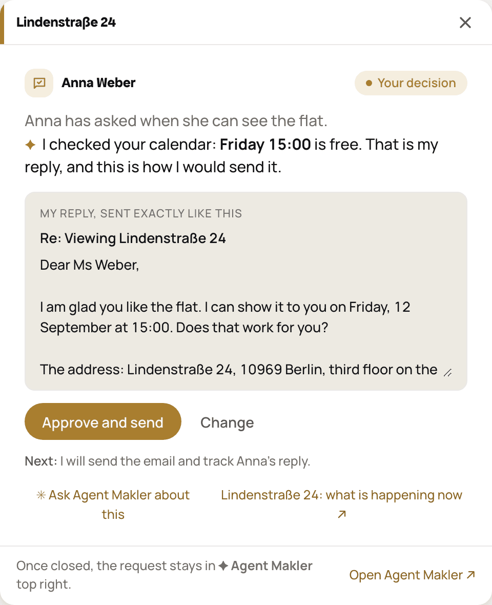 Approval card in Agent Makler: reply to Anna Weber about the viewing at Lindenstraße 24 with an approve-and-send button