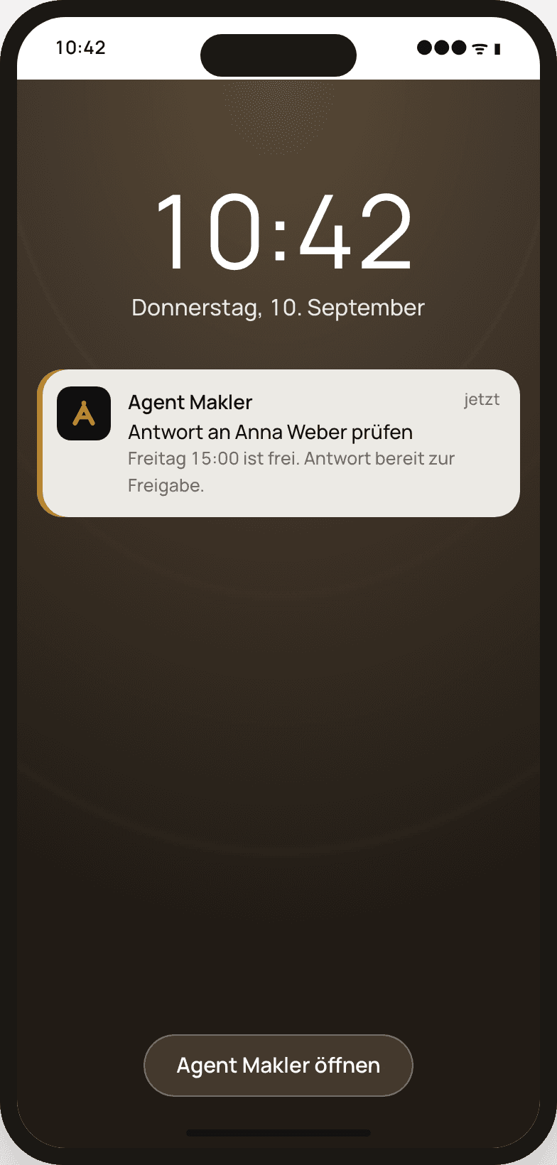 Smartphone-Sperrbildschirm mit Agent Makler-Benachrichtigung: Antwort an Anna Weber prüfen, Freitag 15:00 ist frei